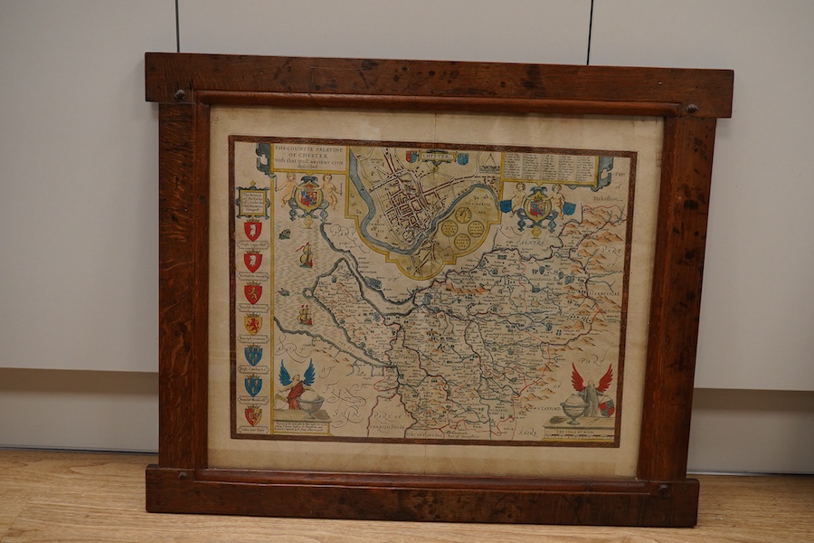 John Speed (1552-1629), hand coloured engraved map of Chester, sold by Thomas Basset and Richard Chiswell, together with two other antique maps of Oxfordshire and Sussex, 39 x 50cm